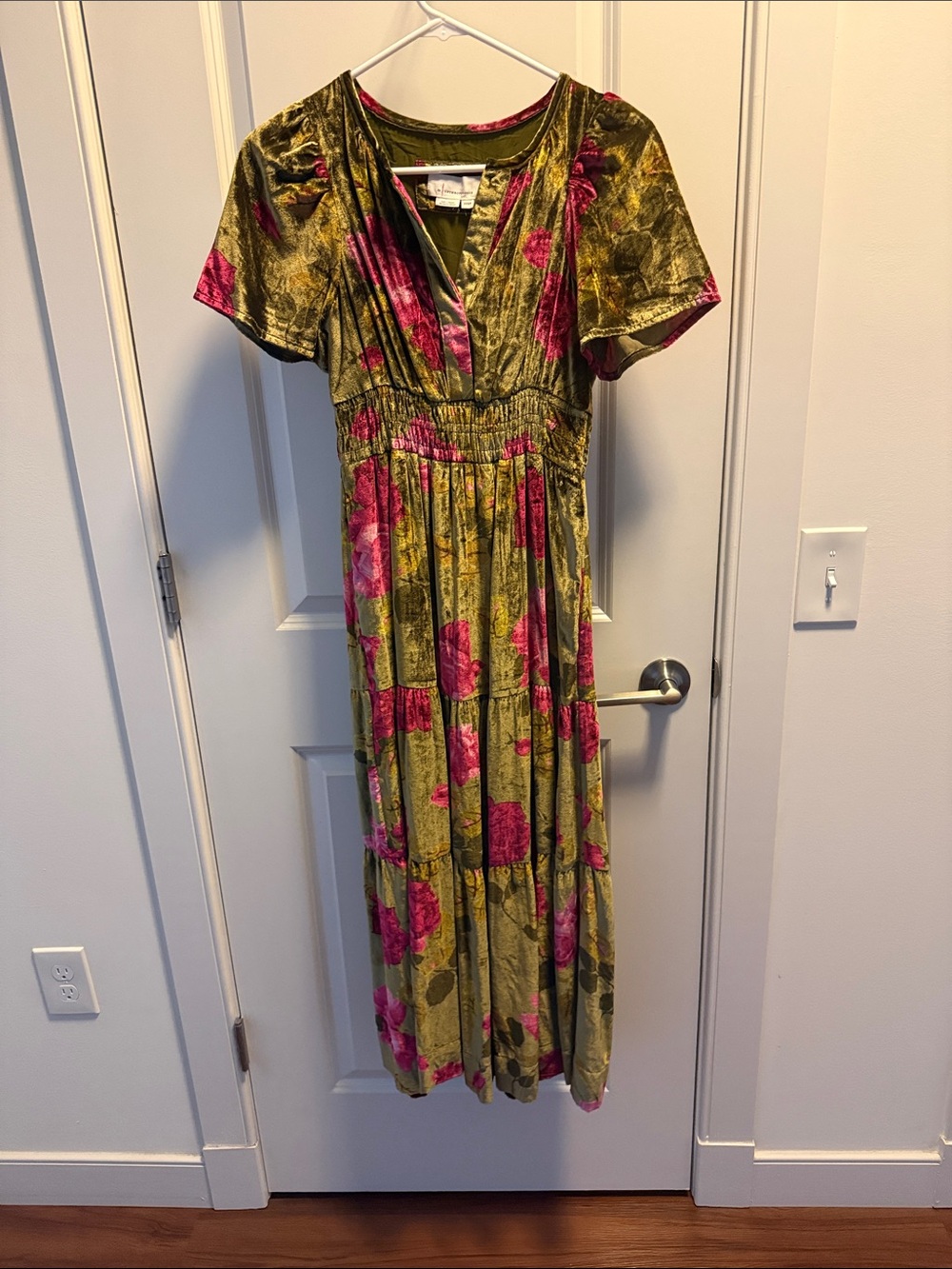 Anthropologie Olive Green Velvet Maxi with Magenta Floral Accents